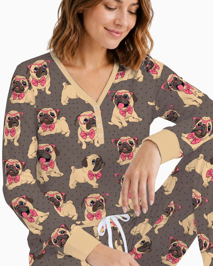 Pink Bow Pug Puppies Bamboo Women Pajama Set