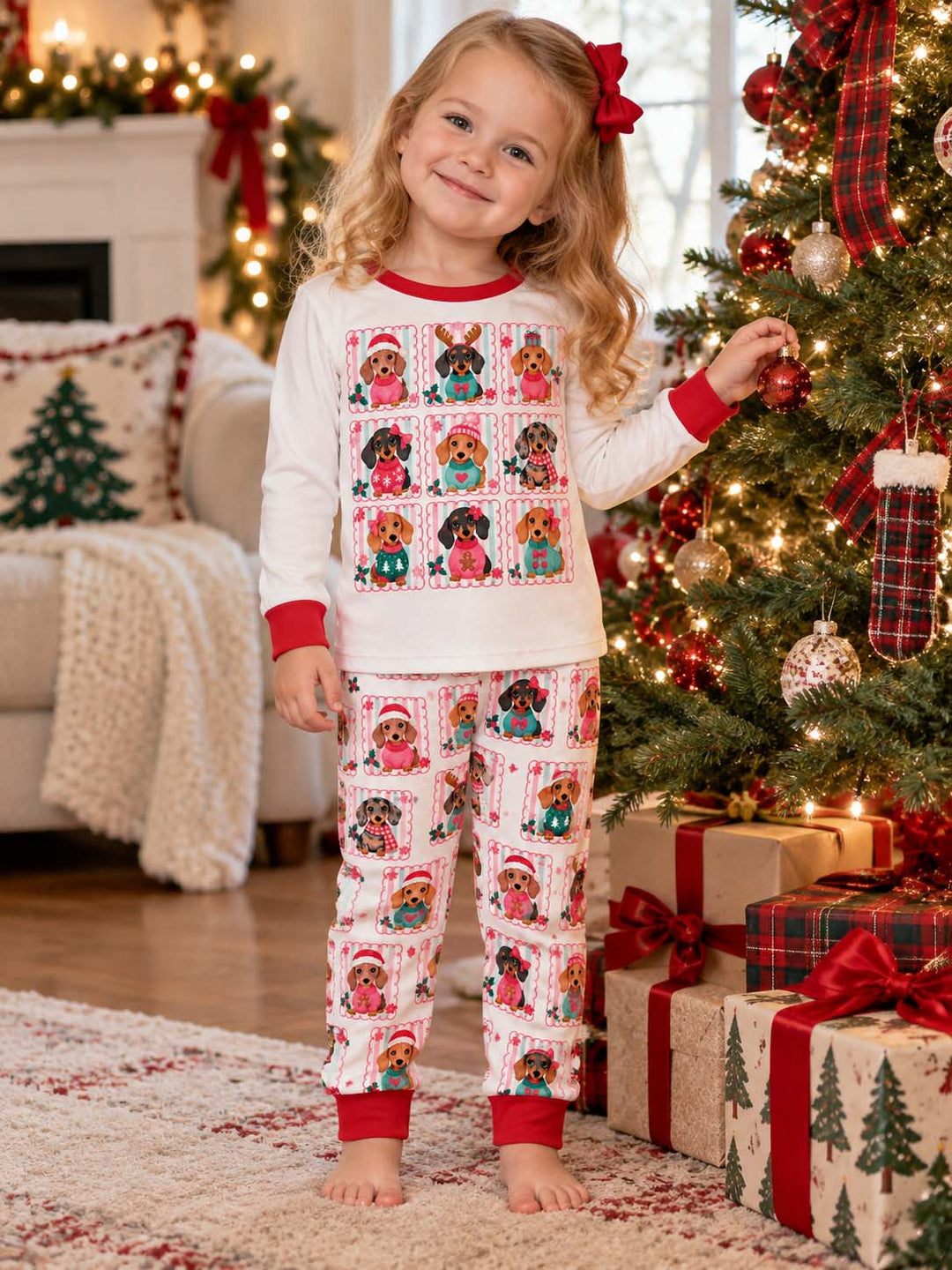 Pink Christmas Dachshund Collection Bamboo Two Piece Long Sleeve Pajama Set