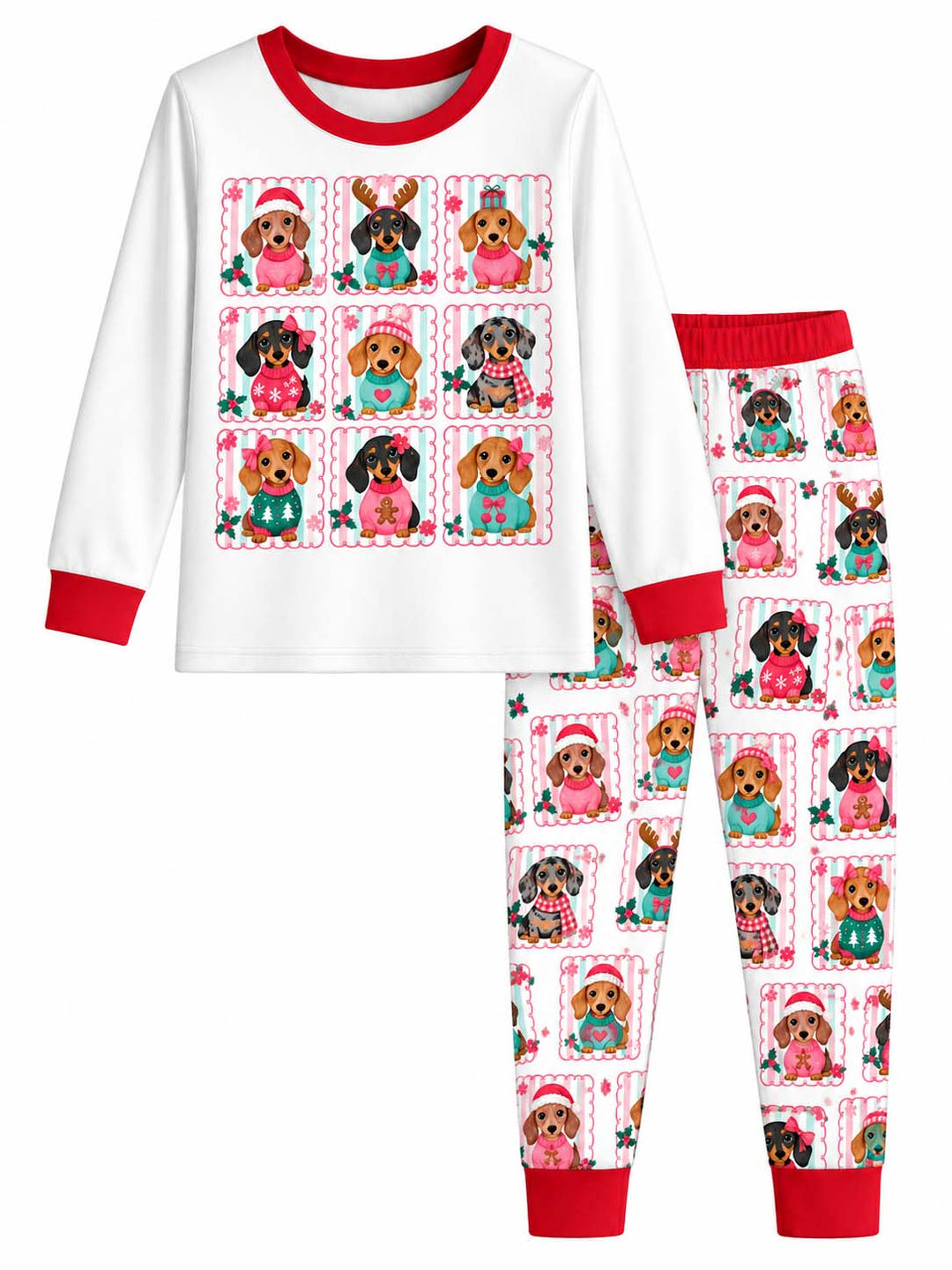 Pink Christmas Dachshund Collection Bamboo Two Piece Long Sleeve Pajama Set