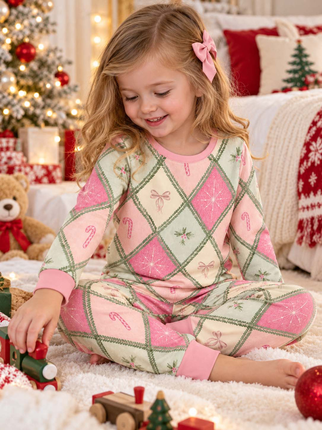 Pink Christmas Patchwork Bamboo Two Piece Long Sleeve Pajama Set