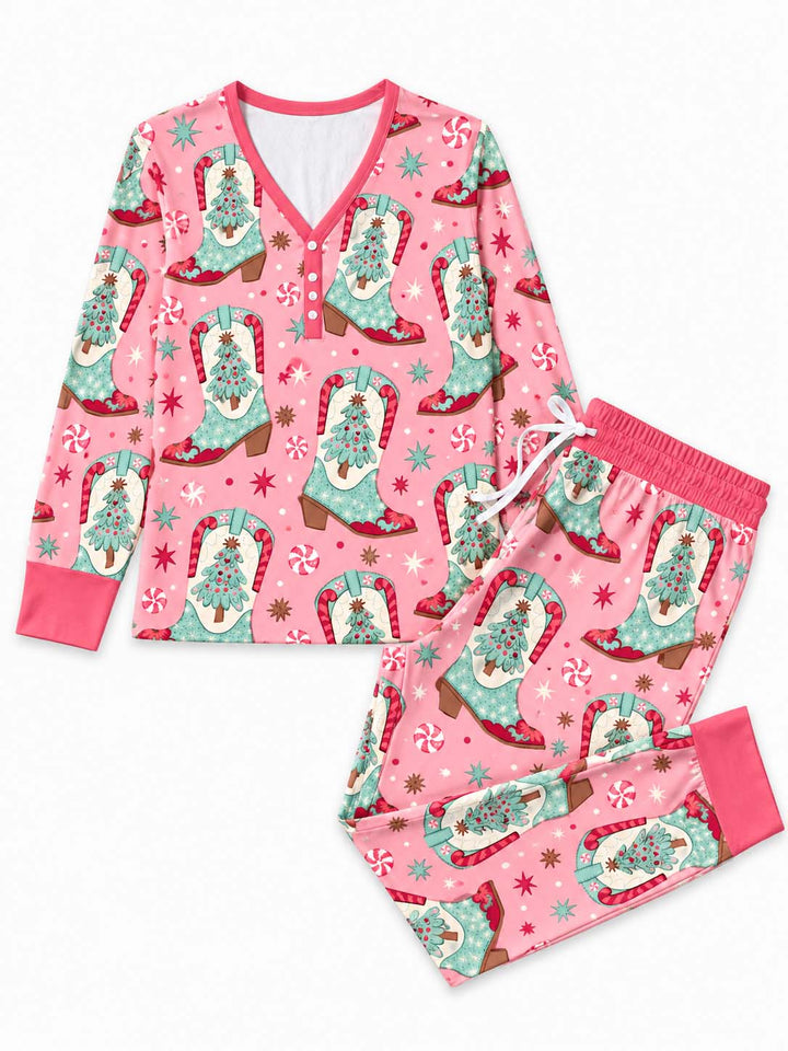 Pink Cowgirl Christmas Boots Bamboo Women Pajama Set
