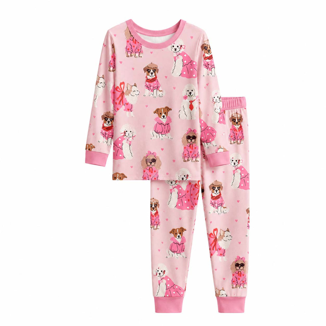 Pink Fashion Dogs Bamboo Two Piece Long Sleeve Pajama Set
