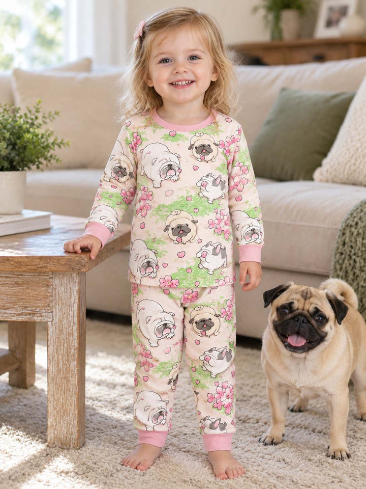 Pink Floral Bulldog Garden Bamboo Two Piece Long Sleeve Pajama Set