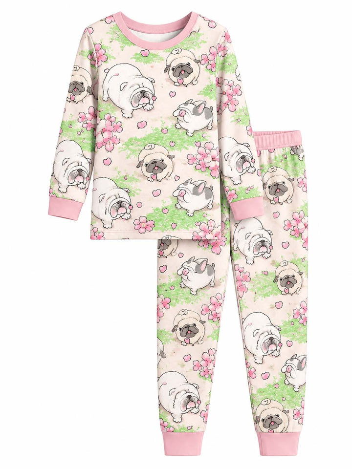 Pink Floral Bulldog Garden Bamboo Two Piece Long Sleeve Pajama Set