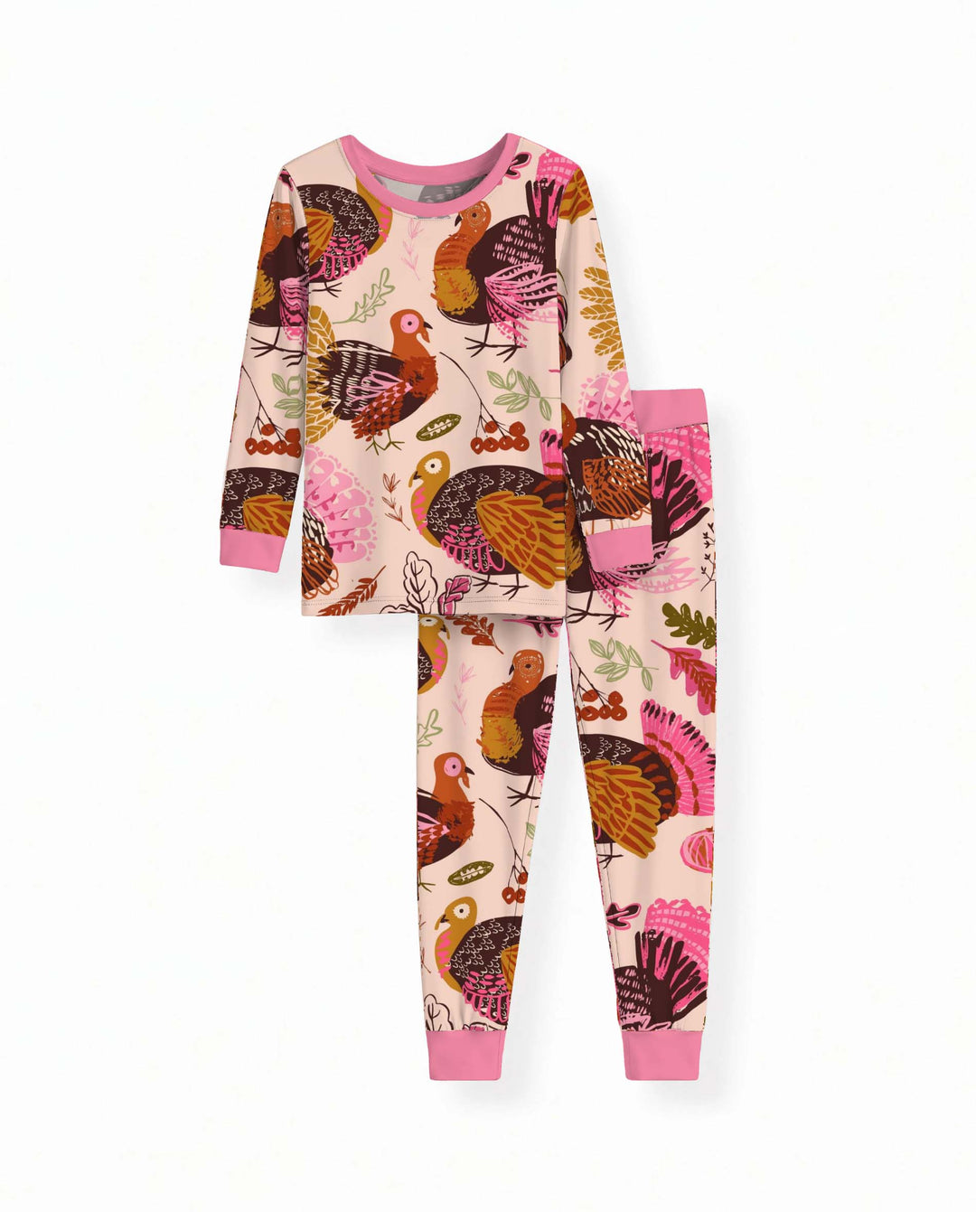 Pink Folk Turkey Harvest Bamboo Two Piece Long Sleeve Pajama Set