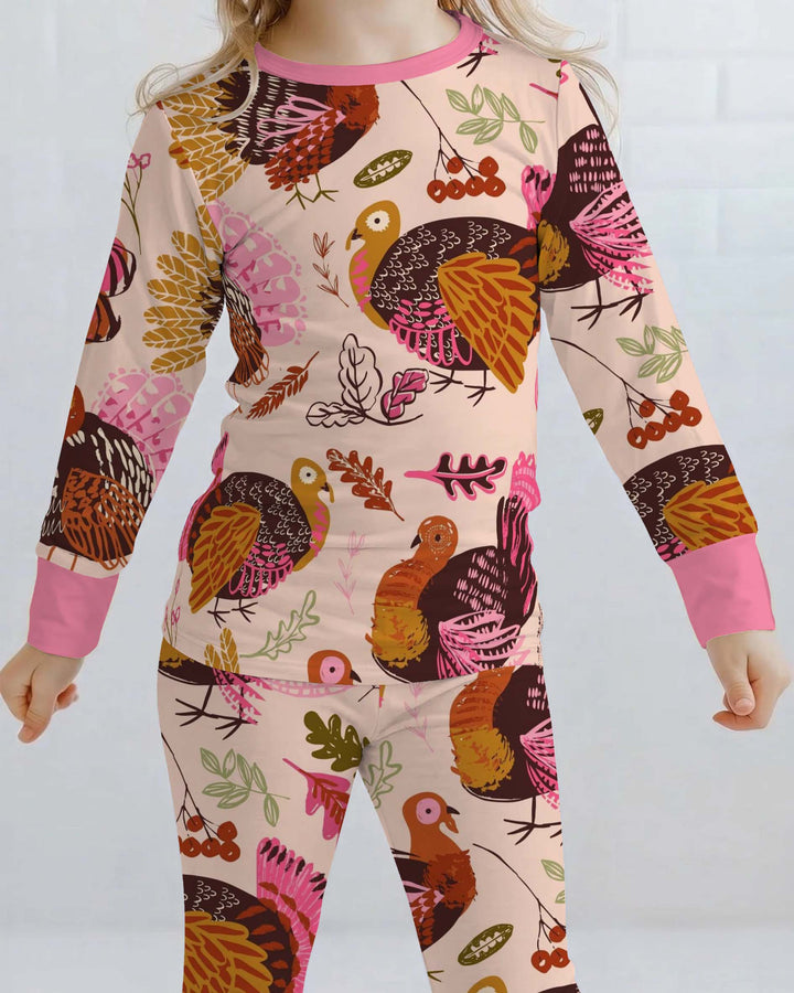 Pink Folk Turkey Harvest Bamboo Two Piece Long Sleeve Pajama Set