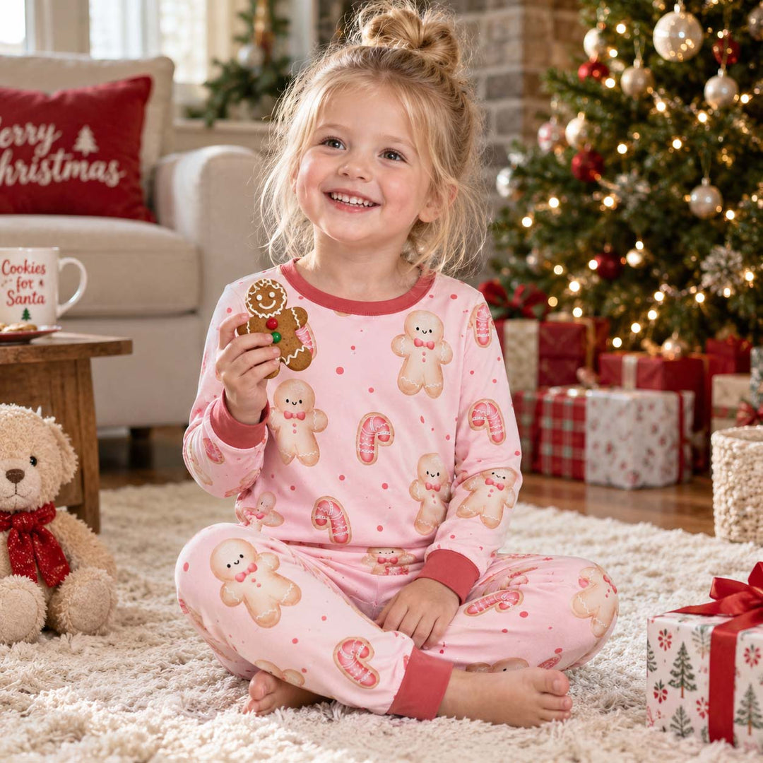 Pink Gingerbread Candy Christmas Bamboo Two Piece Long Sleeve Pajama Set