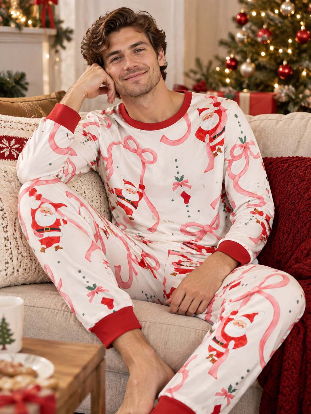 Pink Ribbon Santa Christmas Bamboo Men's Pajama Set