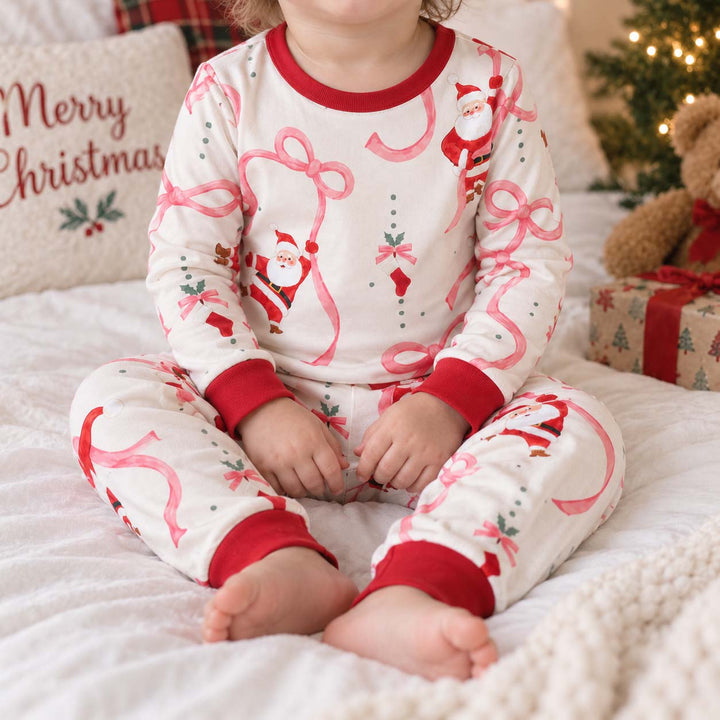 Pink Ribbon Santa Christmas Bamboo Two Piece Long Sleeve Pajama Set