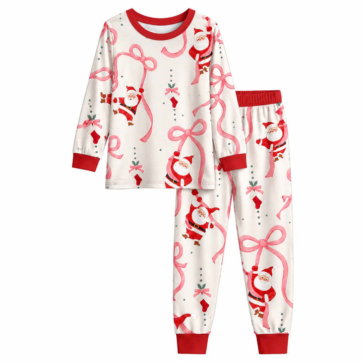 Pink Ribbon Santa Christmas Bamboo Two Piece Long Sleeve Pajama Set