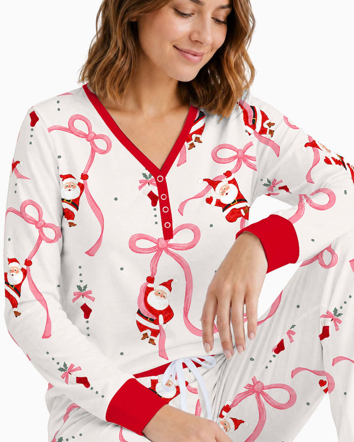 Pink Ribbon Santa Christmas Bamboo Women Pajama Set
