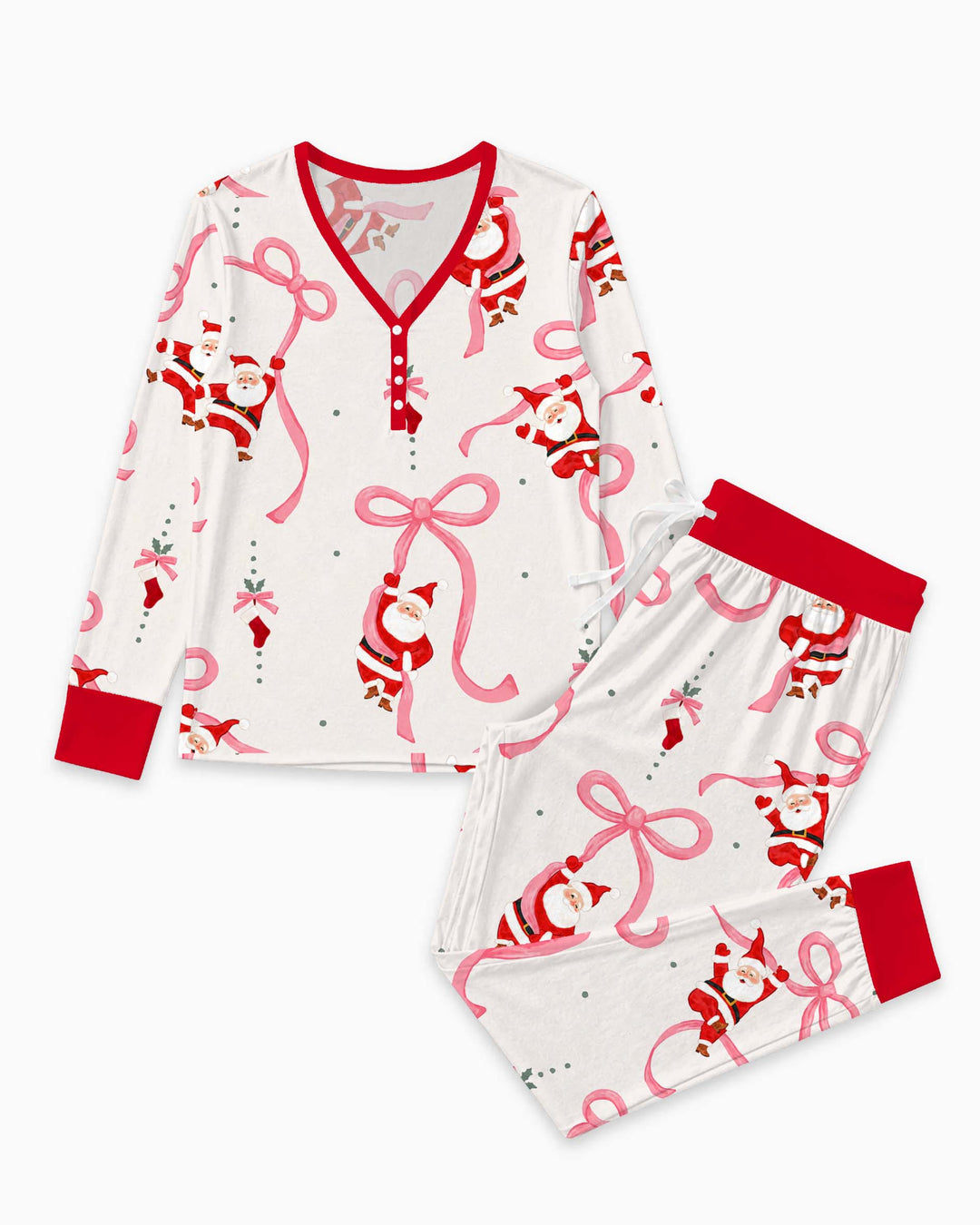 Pink Ribbon Santa Christmas Bamboo Women Pajama Set