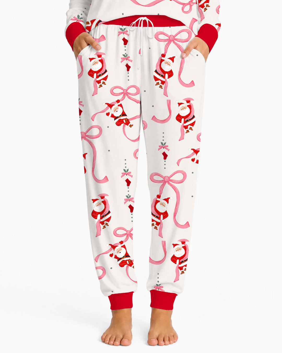 Pink Ribbon Santa Christmas Bamboo Women Pajama Set