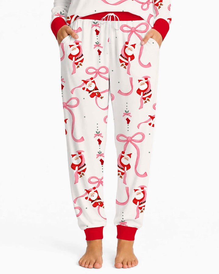 Pink Ribbon Santa Christmas Bamboo Women Pajama Set