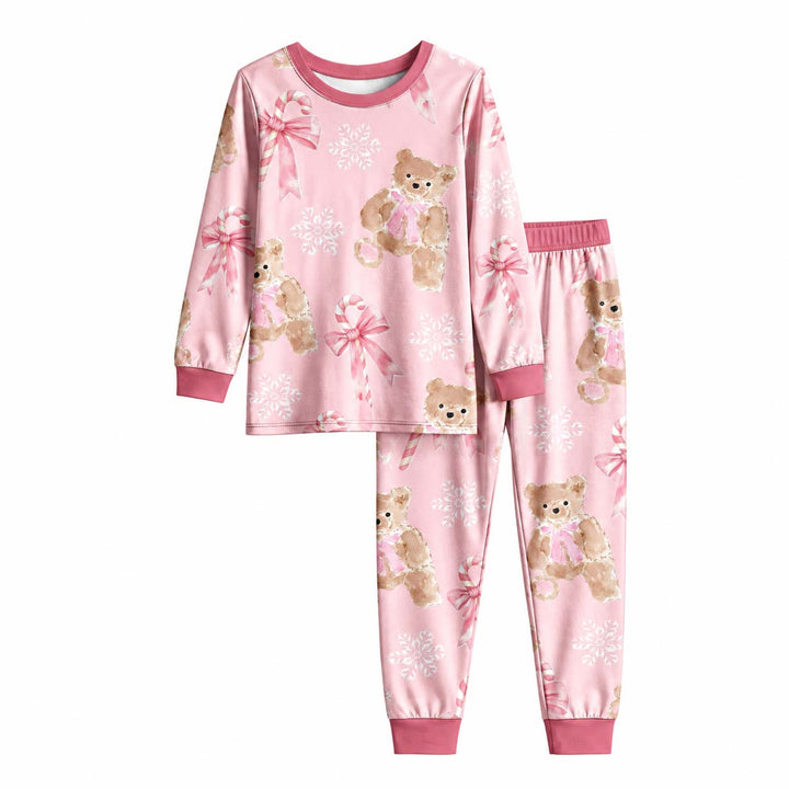 Pink Teddy Bear Candy Cane Christmas Bamboo Two Piece Long Sleeve Pajama Set