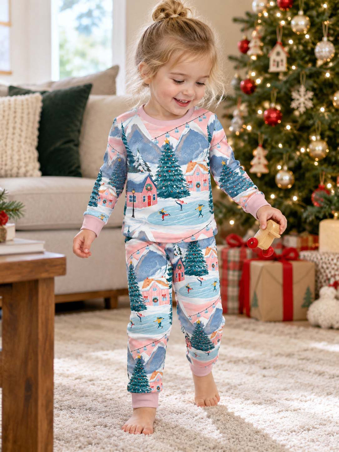 Pink Winter Village Bamboo Two Piece Long Sleeve Pajama Set