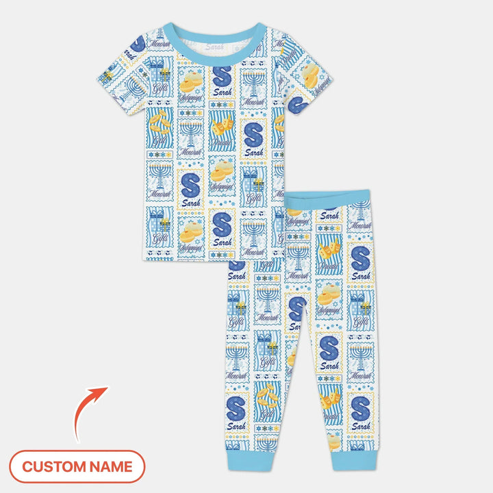 Light of Hanukkah Custom Name Bamboo Two Piece Short Sleeve Pajama Set