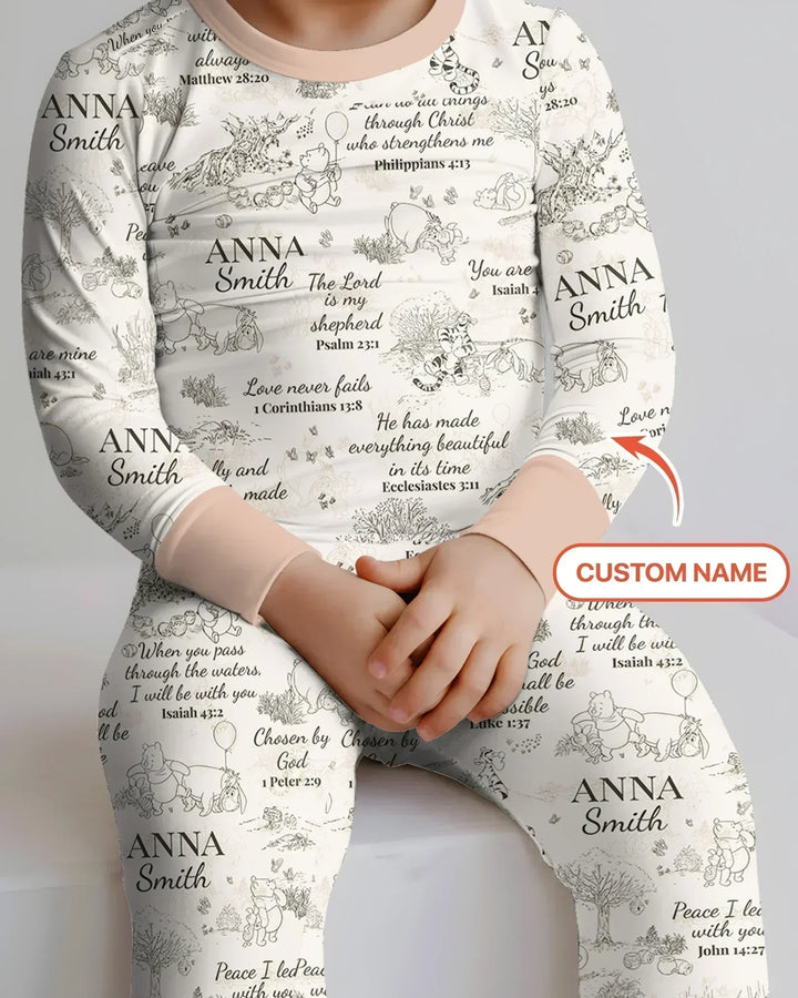 Classic Bear Bible Verse Custom Name Bamboo Two Piece Long Sleeve Pajama Set
