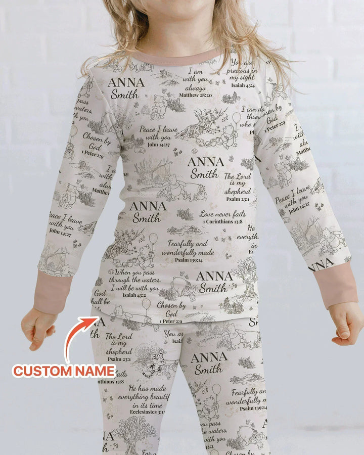 Classic Bear Bible Verse Custom Name Bamboo Two Piece Long Sleeve Pajama Set
