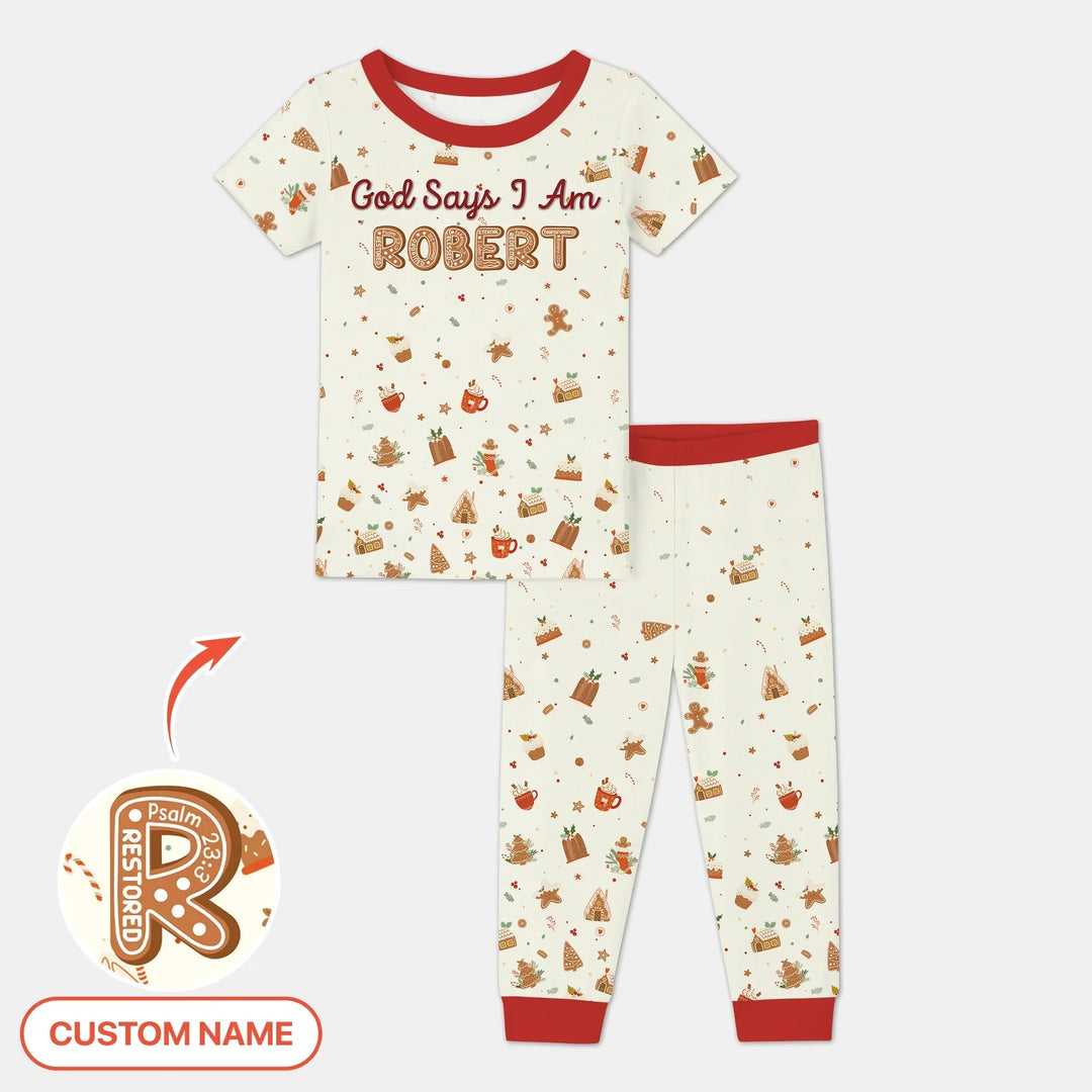 GingerBread God Says I Am Custom Name Two Piece Short Sleeve Pajama Set , GingerBread God Says I Am Custom Name Two Piece Short Sleeve Pajama Set - 12-18M