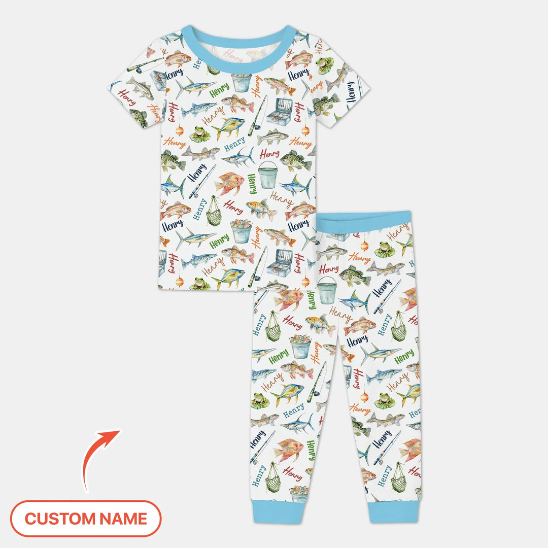 Happy Fishing Adventure Custom Name Bamboo Two Piece Short Sleeve Pajama Set