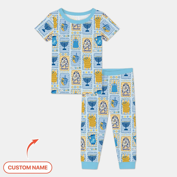 Custom Name Hanukkah Wonderland Bamboo Two Piece Short Sleeve Pajama Set