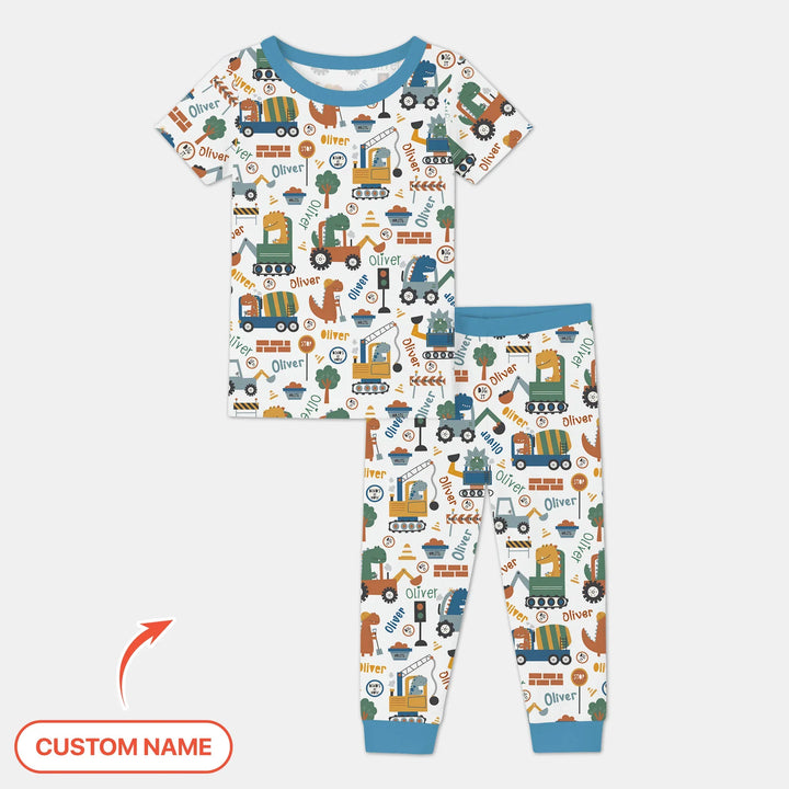 Custom Name Dino Diggers Bamboo Two Piece Short Sleeve Pajama Set