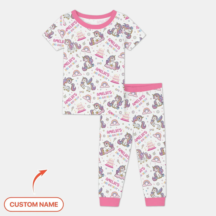 Custom Name Little Unicorn's Birthday Bamboo Two Piece Short Sleeve Pajama Set