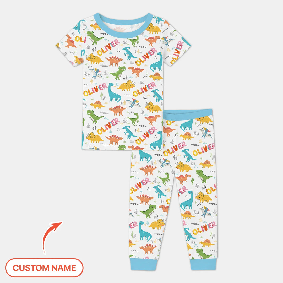 Dino Adventure Custom Name Bamboo Two Piece Short Sleeve Pajama Set