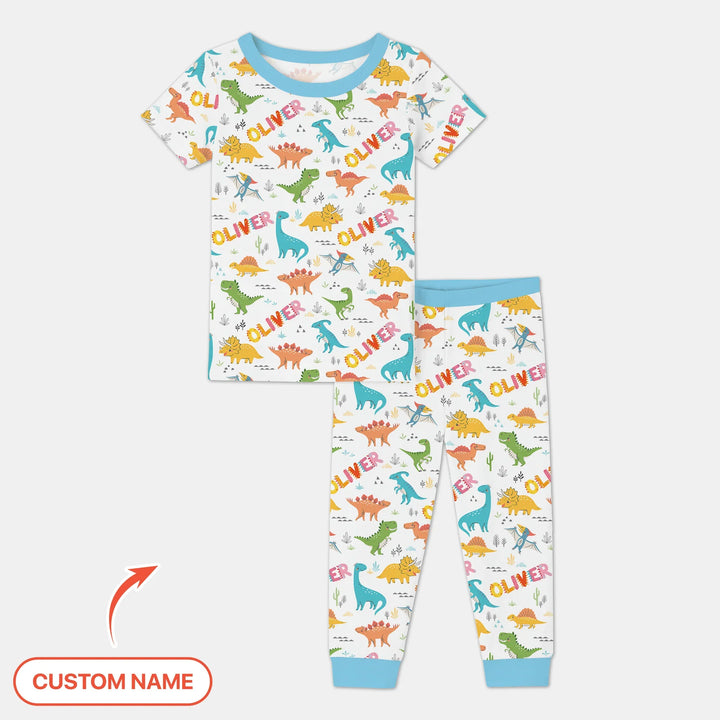 Dino Adventure Custom Name Bamboo Two Piece Short Sleeve Pajama Set