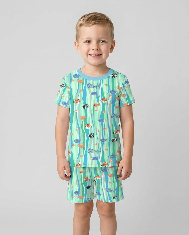 Custom Name Summer Beach Bamboo Two Piece Short Sleeve Shorts Pajama Set