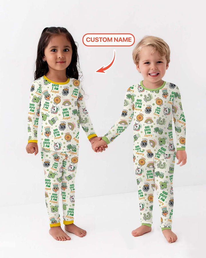 Personalized God Says I Am St. Patrick's Day Family Matching Bamboo Two Piece Long Sleeve Pajama Set