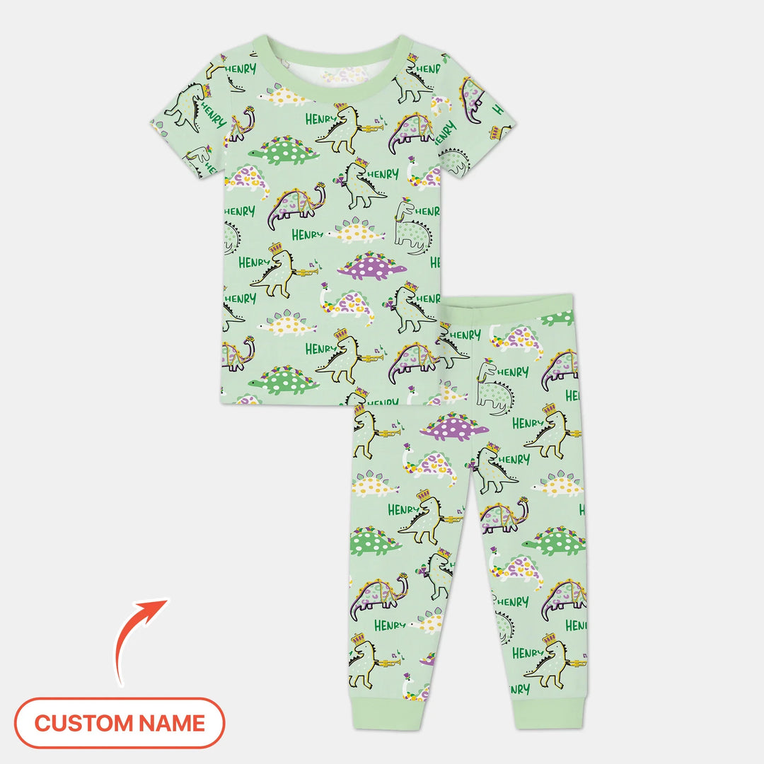 Custom Name Mardi Gras Saurus Bamboo Two Piece Short Sleeve Pajama Set