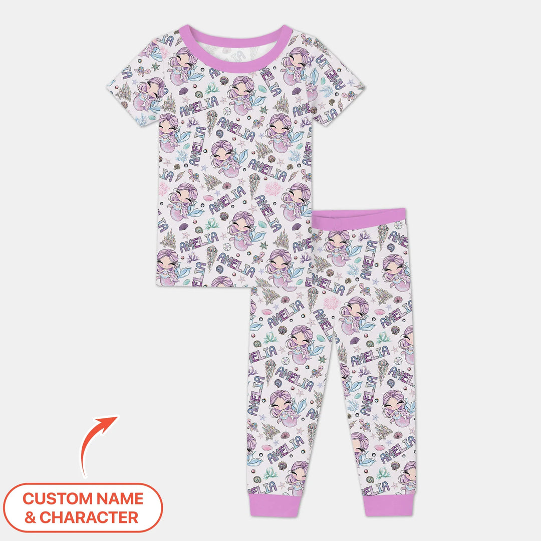 Custom Name Doodle Little Mermaid Bamboo Two Piece Short Sleeve Pajama Set