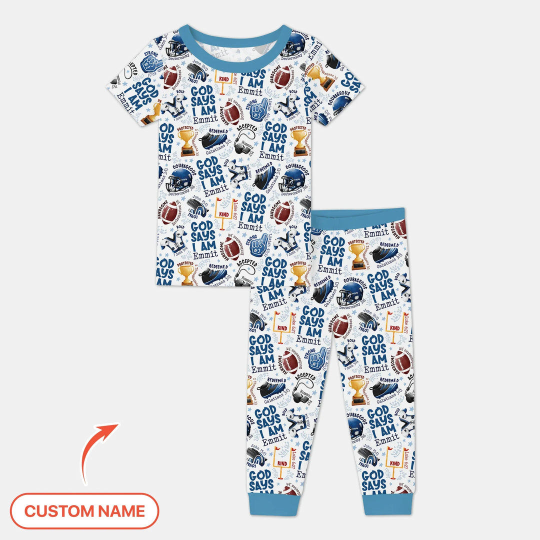 God Says I Am Touch Down Time Custom Name Bamboo Two Piece Short Sleeve Pajama Set