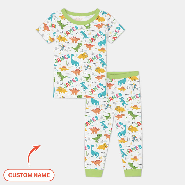 Dino Adventure Custom Name Bamboo Two Piece Short Sleeve Pajama Set