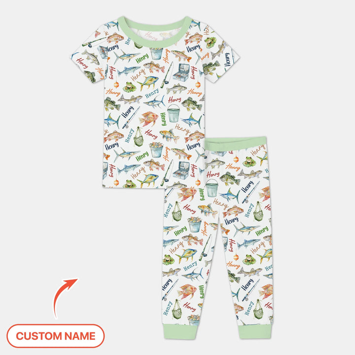 Happy Fishing Adventure Custom Name Bamboo Two Piece Short Sleeve Pajama Set