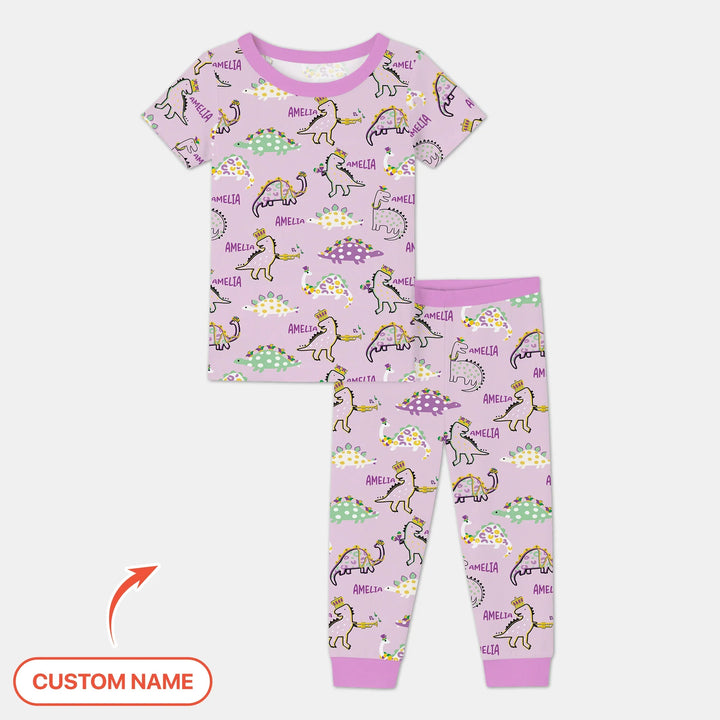 Custom Name Mardi Gras Saurus Bamboo Two Piece Short Sleeve Pajama Set