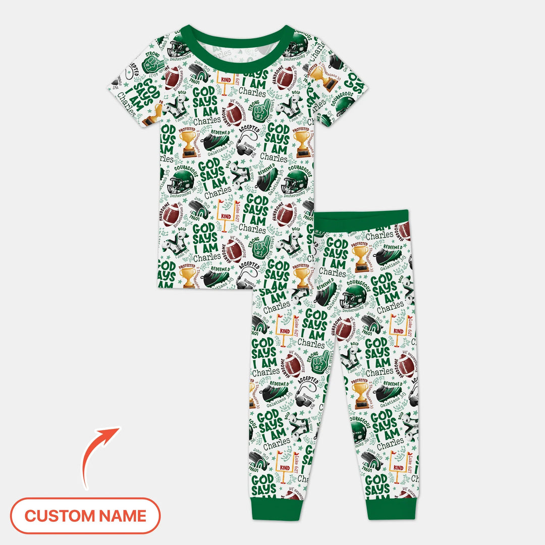 God Says I Am Touch Down Time Custom Name Bamboo Two Piece Short Sleeve Pajama Set