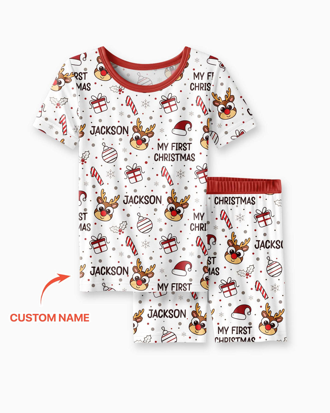 Custom Name Reindeer Doodle My First Christmas Bamboo Two Piece Short Sleeve Shorts Pajama Set