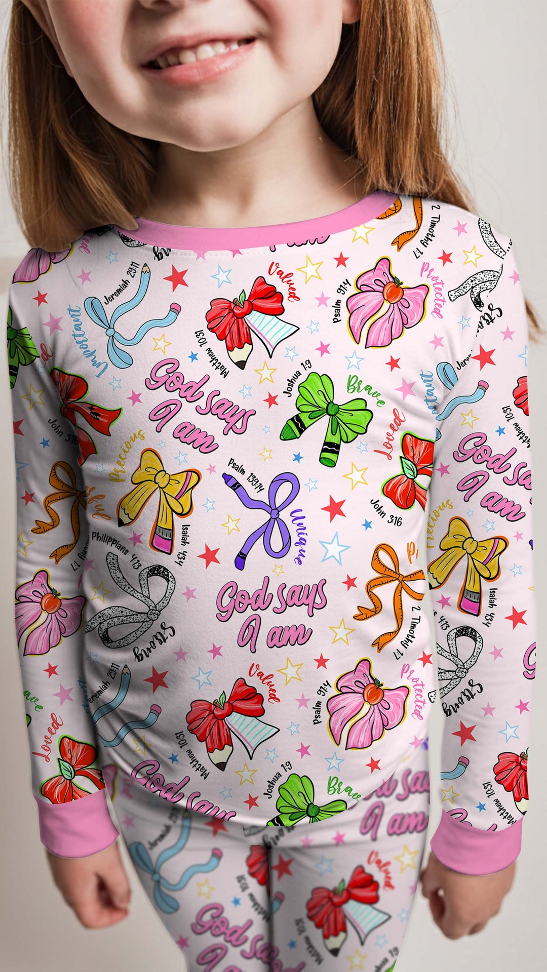 Pencil Bows God Says I Am Bamboo Two Piece Long Sleeve Pajama Set