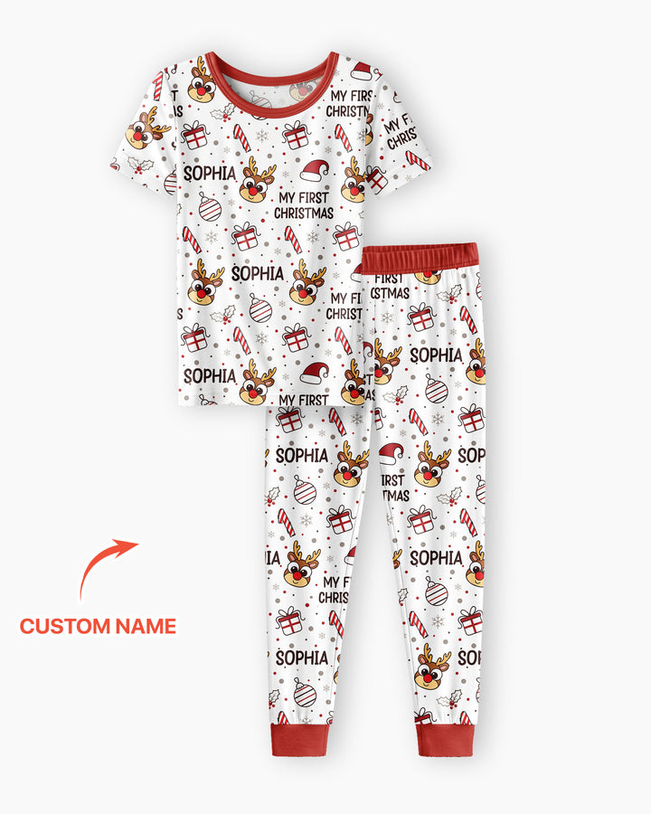 Custom Name Reindeer Doodle My First Christmas Bamboo Two Piece Short Sleeve Pajama Set