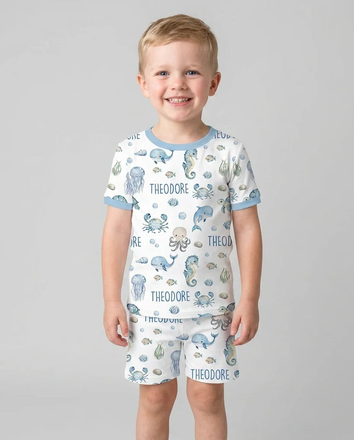 Custom Name Ocean Friends  Bamboo Two Piece Short Sleeve Shorts Pajama Set