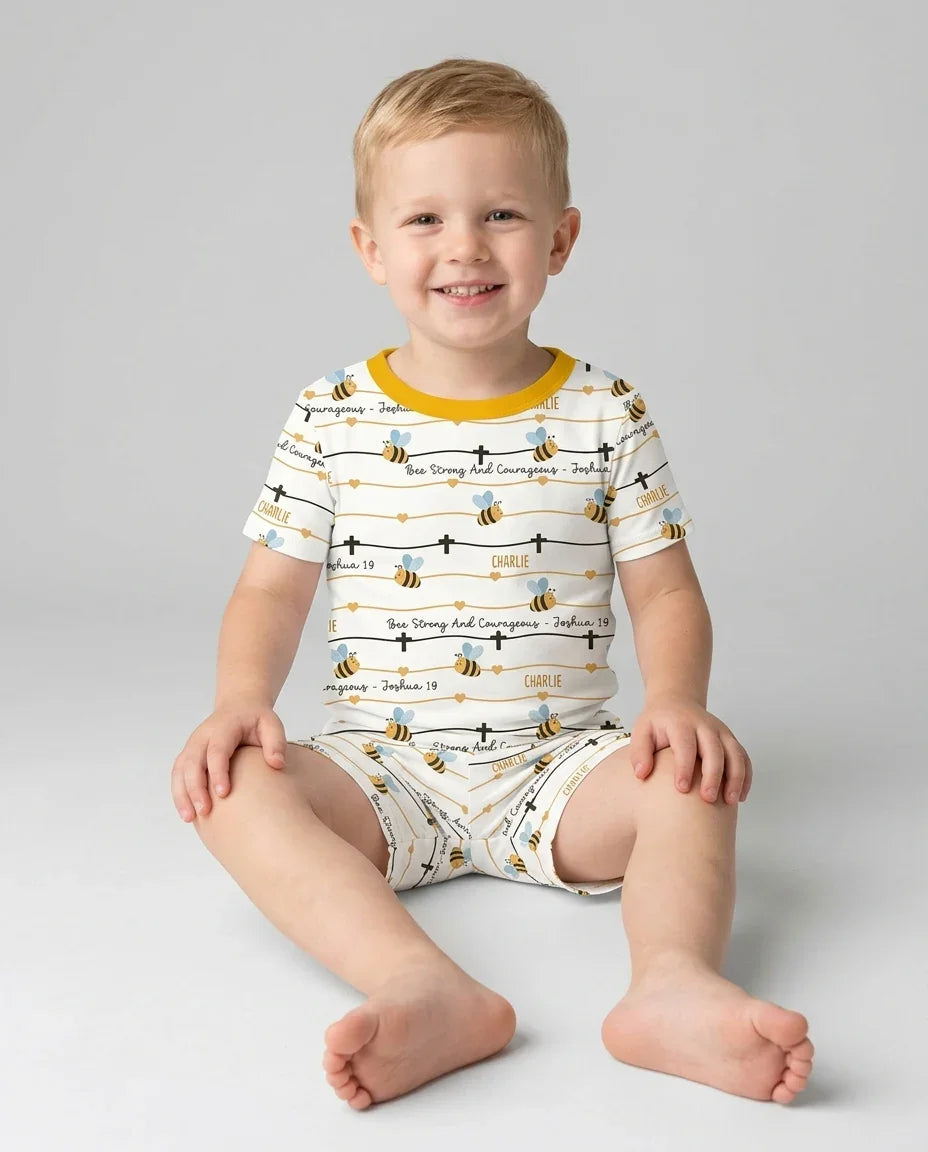 Bee Strong And Courageous Custom Name Bamboo Two Piece Short Sleeve Shorts Pajama Set