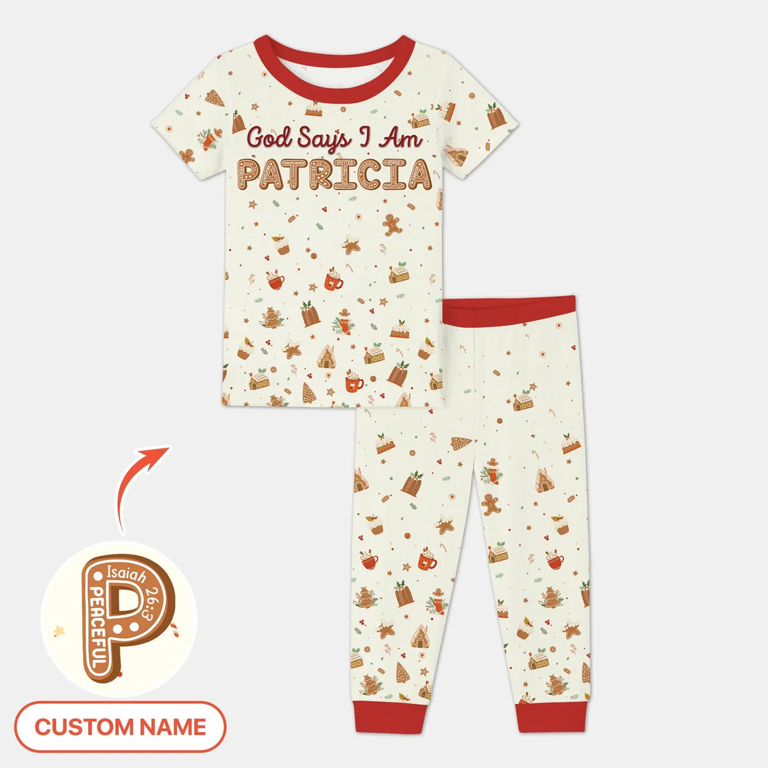 GingerBread God Says I Am Custom Name Two Piece Short Sleeve Pajama Set , GingerBread God Says I Am Custom Name Two Piece Short Sleeve Pajama Set - 12-18M