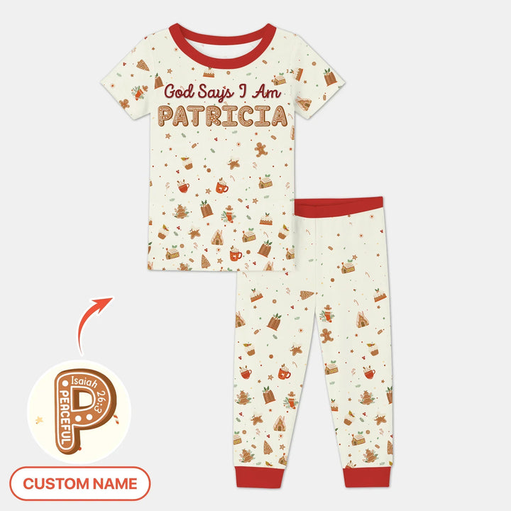 GingerBread God Says I Am Custom Name Two Piece Short Sleeve Pajama Set , GingerBread God Says I Am Custom Name Two Piece Short Sleeve Pajama Set - 12-18M