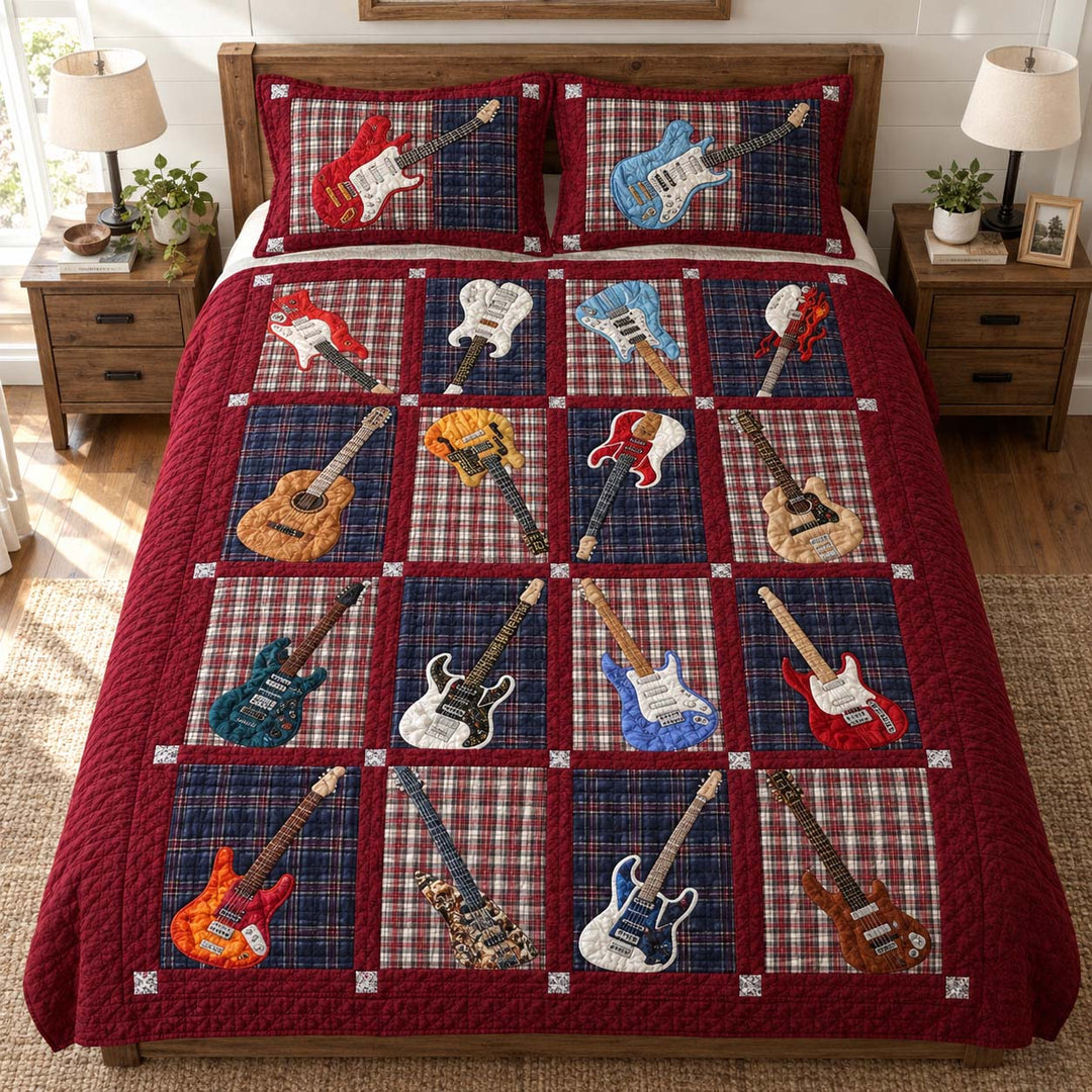 Plaid Guitar Collection Bamboo Quilt Bedding Set