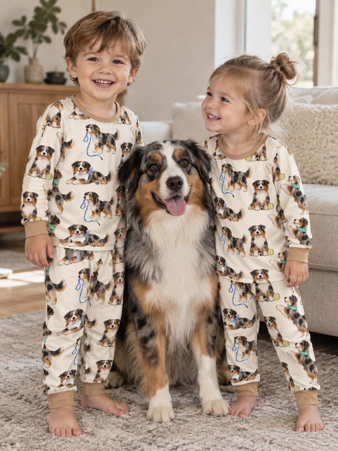 Playful Australian Shepherd Puppies Bamboo Two Piece Long Sleeve Pajama Set