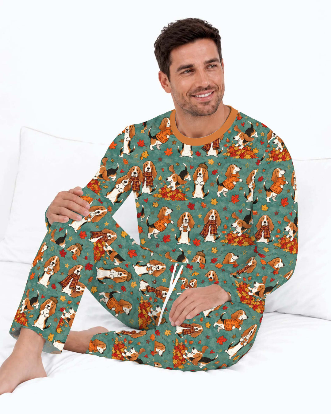 Playful Basset Hound Autumn Leaves Bamboo Men's Pajama Set