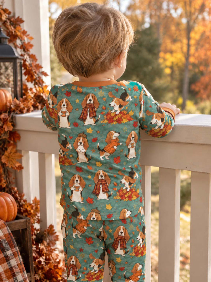 Playful Basset Hound Autumn Leaves Bamboo Two Piece Long Sleeve Pajama Set